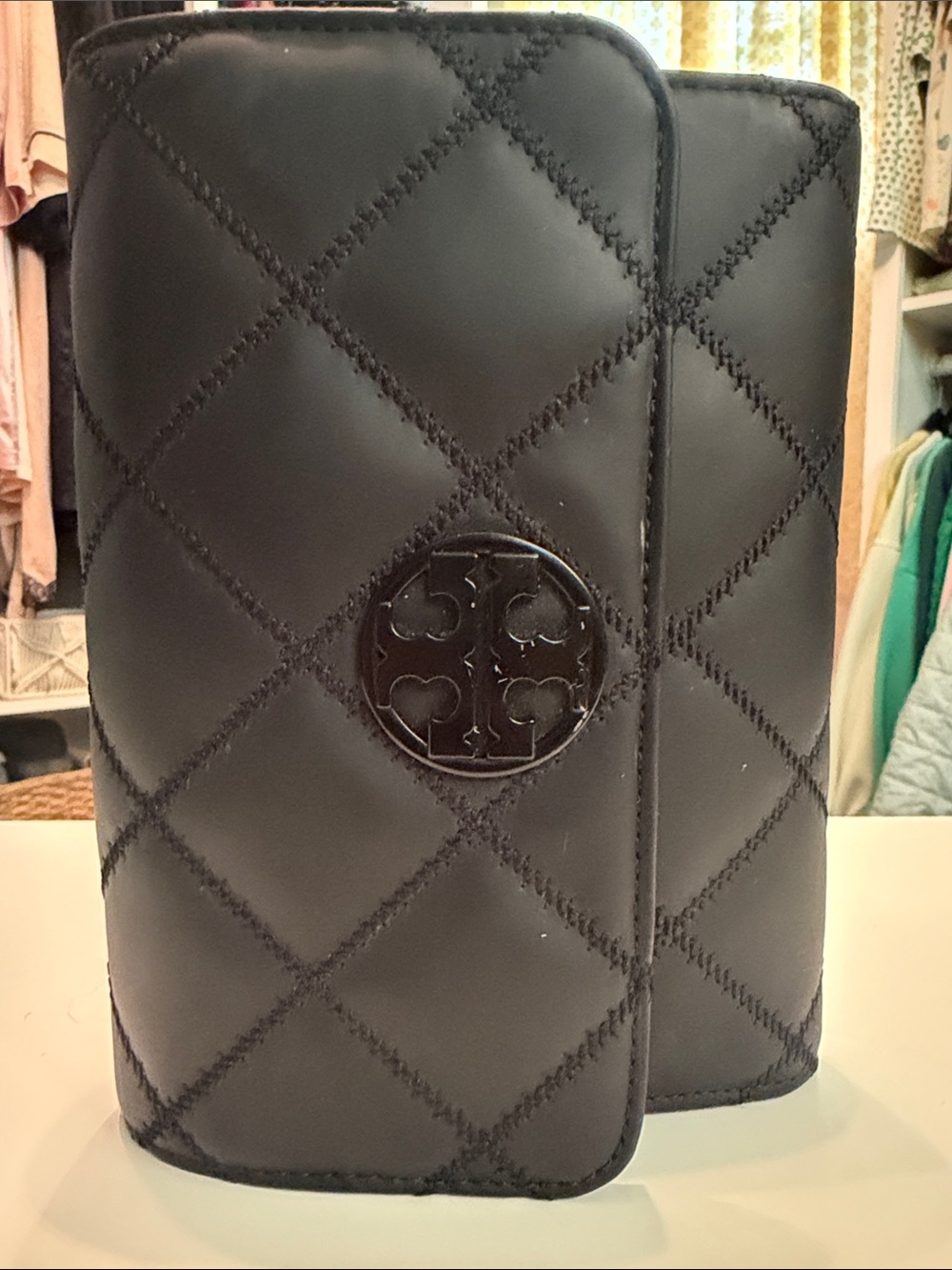 Tory Burch Matte Black Willa Quilted Leather Wallet with Logo